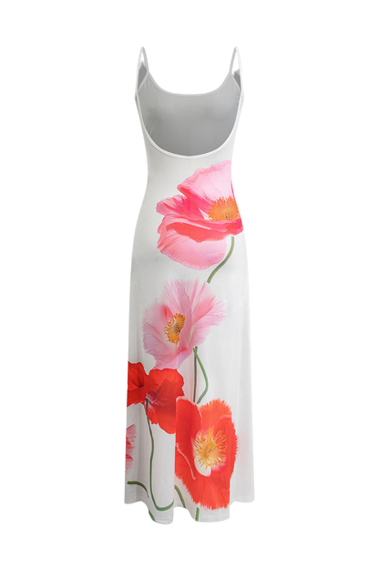 Backless Printed Flower Vacation Maxi Dress