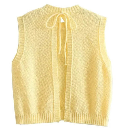 Yellow Lace Up Spring Sleeveless Backless Knit Top