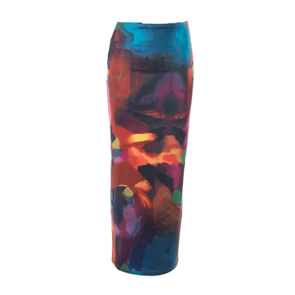 Tie Dyed Print Mesh Maxi Skirt