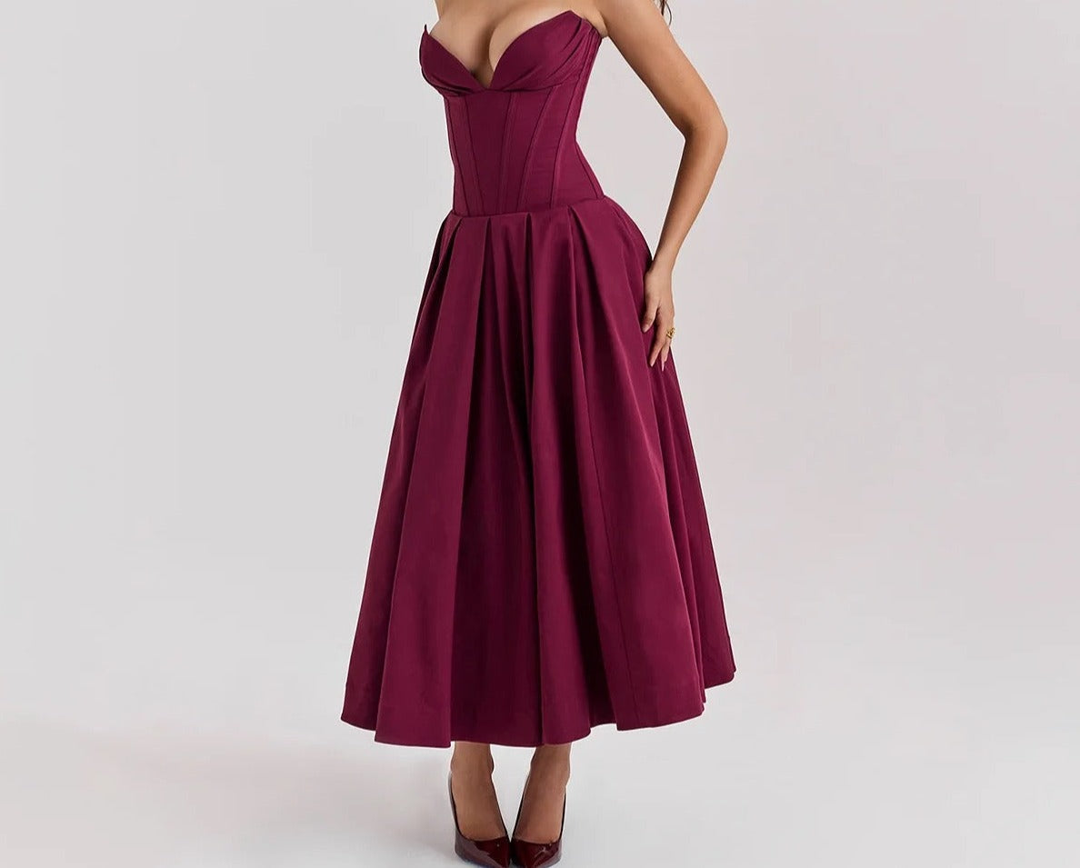Luxe V Neck Strapless Pleated Dress