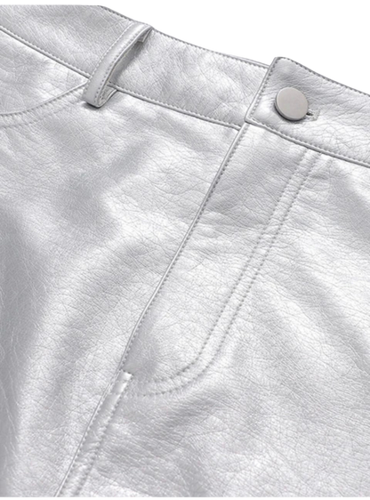 Front Pockets Faux Silver Leather Mini Skirt