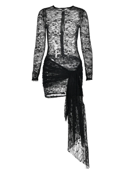 Sheer Lace Long Sleeved Ruched Wrap Mini Dress