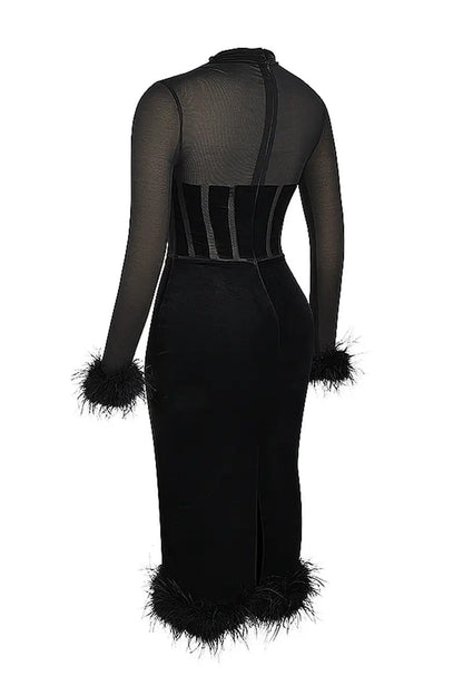 Luxe Velvet Long Sleeved Feather Midi Bodycon Dress