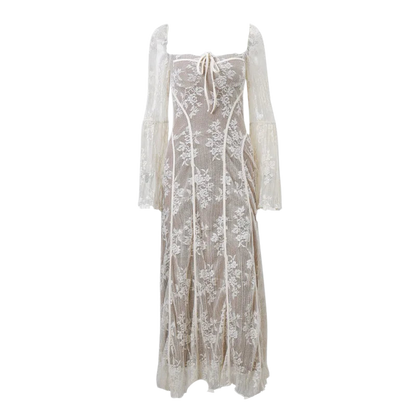 Luxe Vintage Square Collar Lace Long Sleeve Maxi Dress
