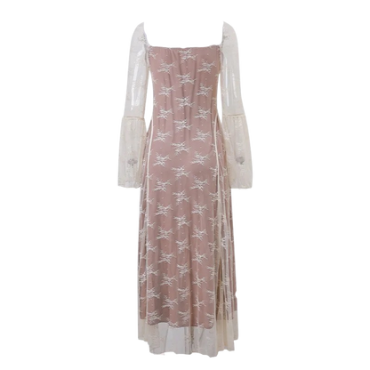 Luxe Vintage Square Collar Lace Long Sleeve Maxi Dress