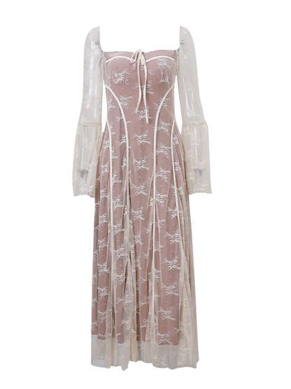 Luxe Vintage Square Collar Lace Long Sleeve Maxi Dress