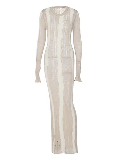 Frayed Knit Sheer Long Sleeve Maxi Dress