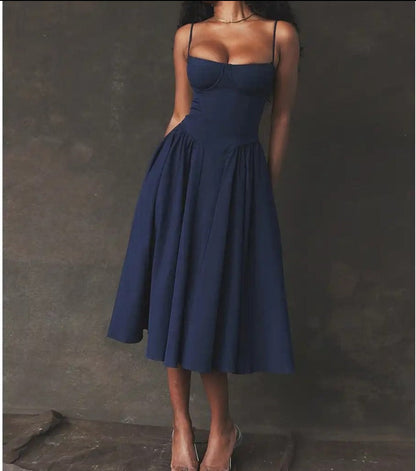 Spaghetti Strap Vintage Sleeveless A-line Midi Dress