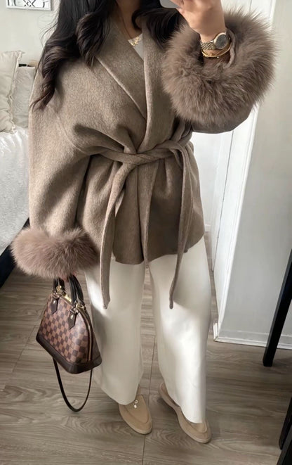 100% Wool Fur Trim Long Sleeve Coat