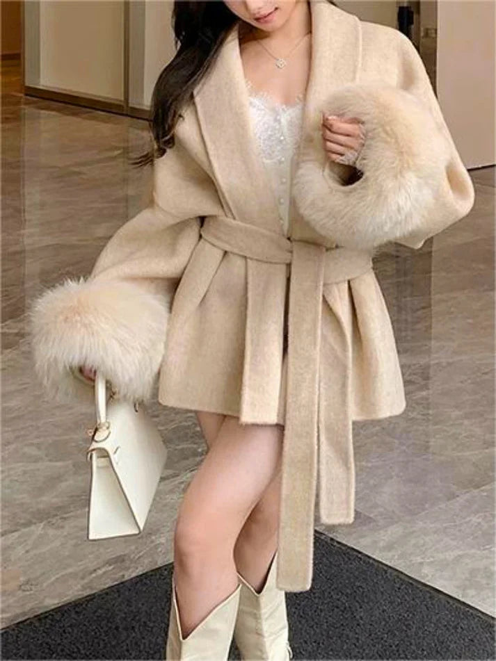 100% Wool Fur Trim Long Sleeve Coat