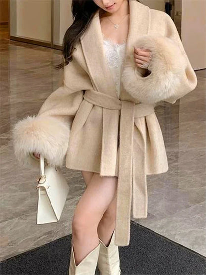 100% Wool Fur Trim Long Sleeve Coat