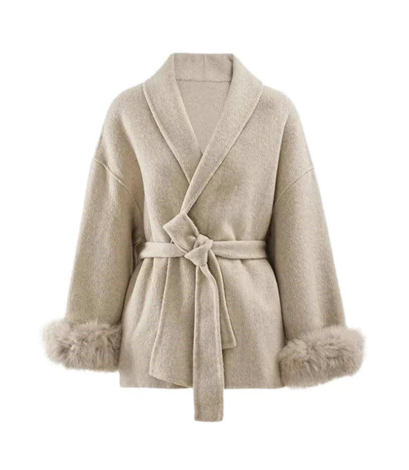 100% Wool Fur Trim Long Sleeve Coat