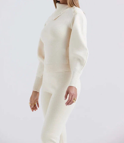 Two Piece High Neck Turn Down Collar and Flared Pants Knit Set