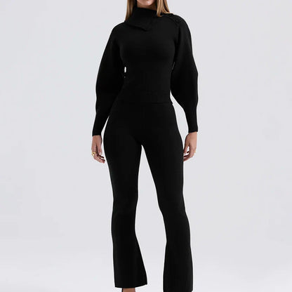 Two Piece High Neck Turn Down Collar and Flared Pants Knit Set