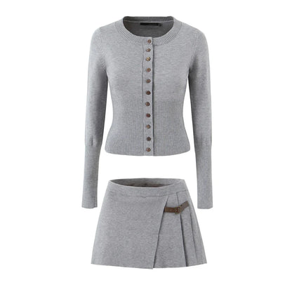 Knitted Crew Neck Cardigan And  Waist Pleated Slit Hem Mini Skirt Set