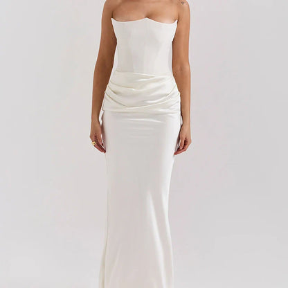 Luxe Satin White Draped Maxi Dress
