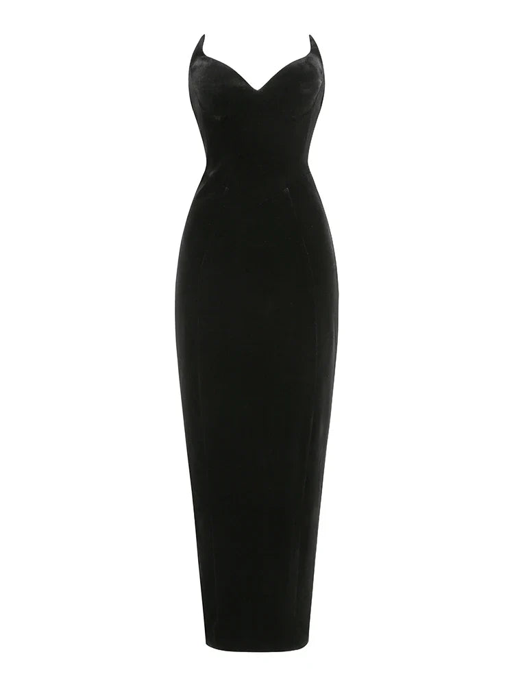 Strapless V Neck Velvet Maxi Dress