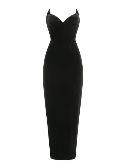 Strapless V Neck Velvet Maxi Dress