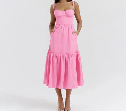 Elegant Spaghetti Strap Backless A-line Midi Dress