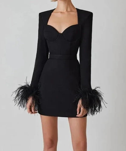 Luxe Long Sleeve Feathers Mini Bodycon Bandage Dress