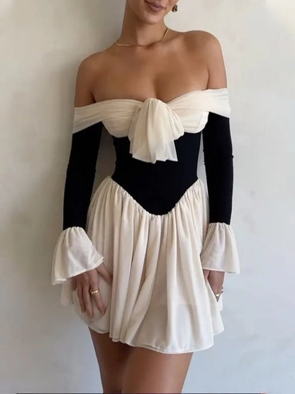 Elegant Off The Shoulder Bow Tie Flared Sleeve Mini Dress