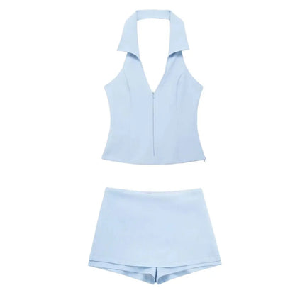 V-Neck Zipper Top & Skort Two Piece Set