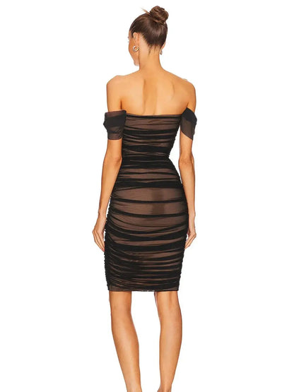Off The Shoulder Mesh Ruched Midi Bodycon  Dress