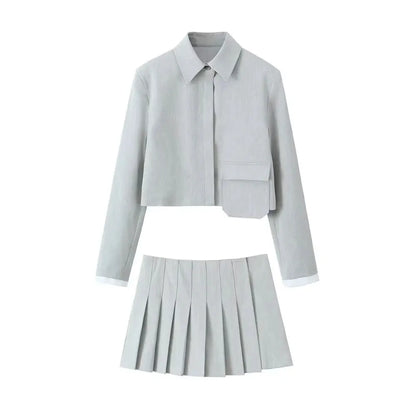 Chic Button Jacket Patch Pocket And Pleated Skirt Set