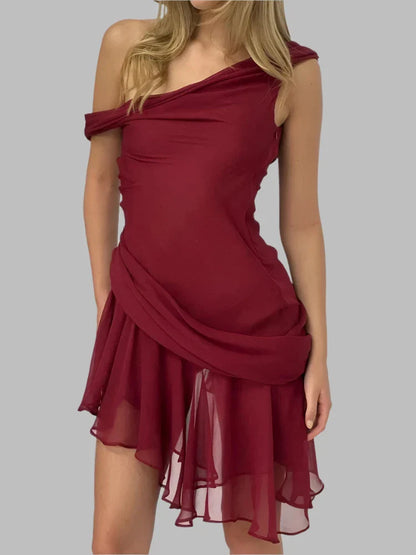 Off The Shoulder Mesh Asymmetric Mini Dress