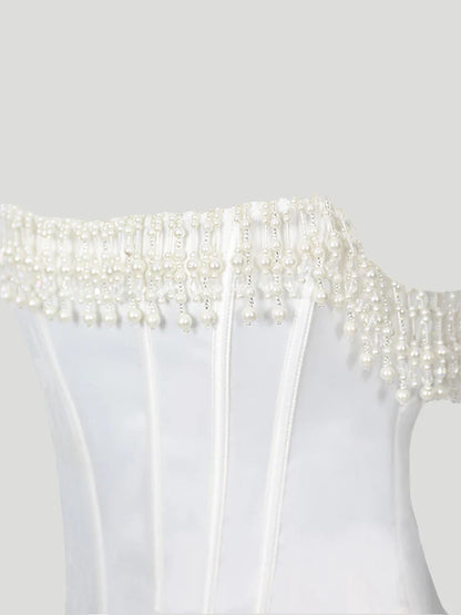 Luxe White Beading Satin Bodycon Dress