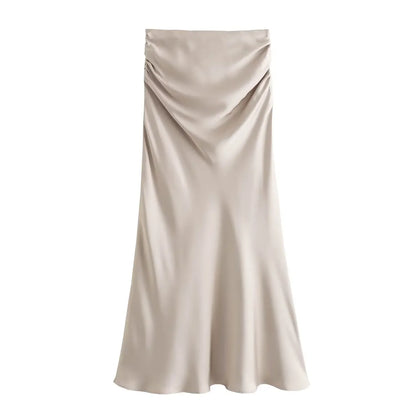 Satin A-Line Vintage High Waist Midi Skirt