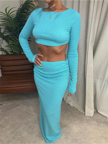 Two Piece Set Long Sleeve Crop top And Maxi Skirt Outfit