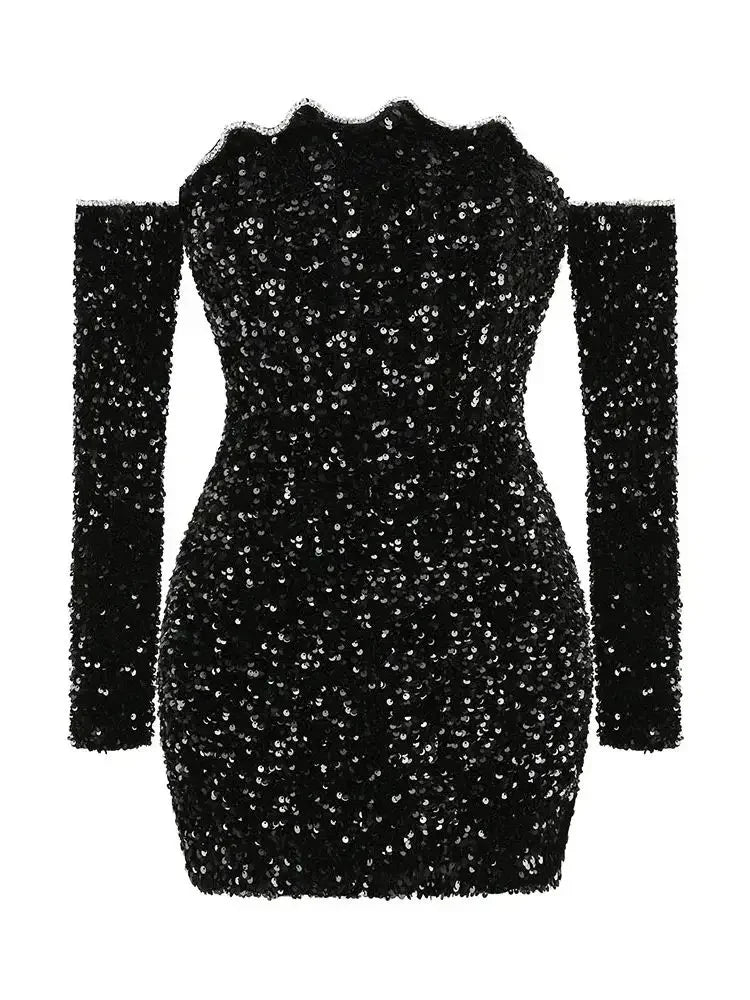 Luxe Black Long Sleeve Sequin Off Shoulder Mini Dress