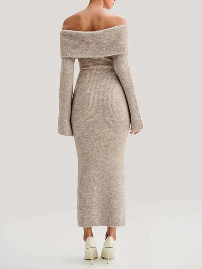 Elegant Knitted Lapel Off Shoulder Maxi Dress