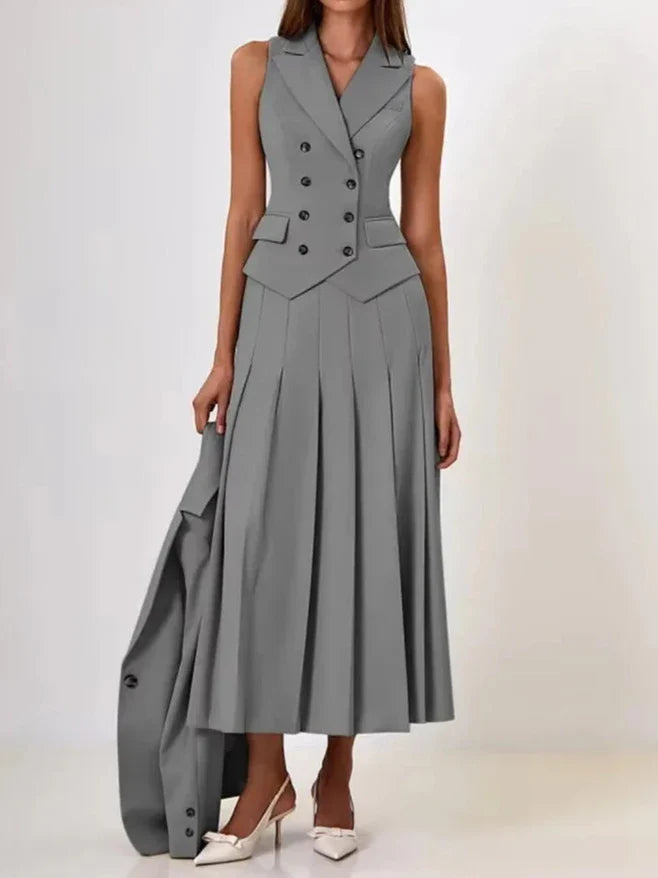 Notched Elegant Collar Vest And Pleated Maxi Skirt Set