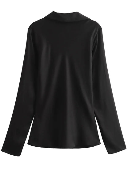 Satin Bow Tie Long Sleeve Blouse