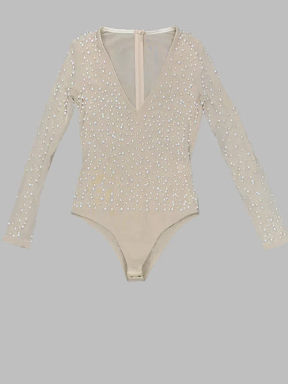 Luxe V Plunge Neck Beading Mesh Bodysuit