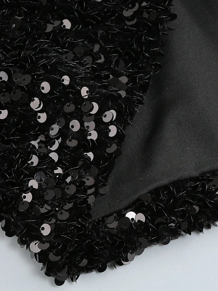 Luxe Black Long Sleeve Sequin Off Shoulder Mini Dress
