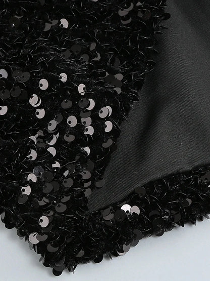 Luxe Black Long Sleeve Sequin Off Shoulder Mini Dress