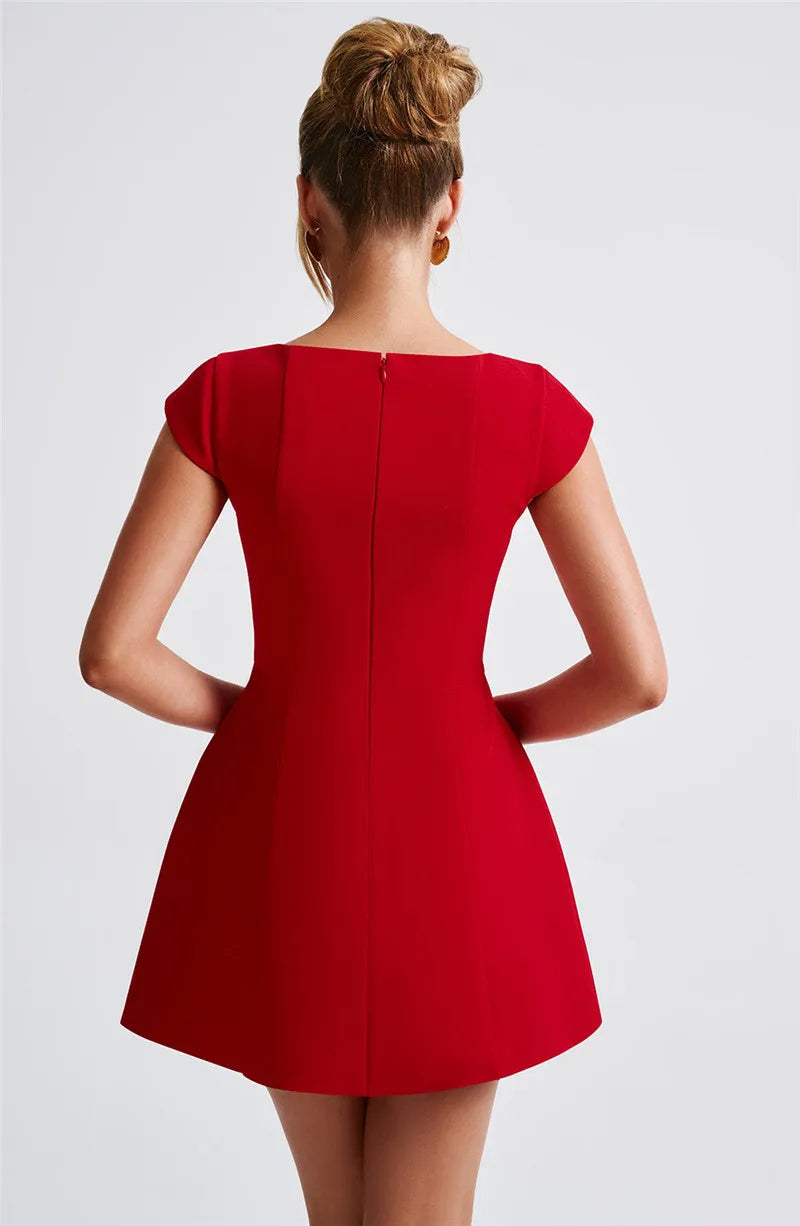 Square Collar Cap Sleeve A-line Mini Dress