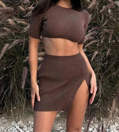 Ribbed Two Piece Short Sleeve Cropped Knit Set