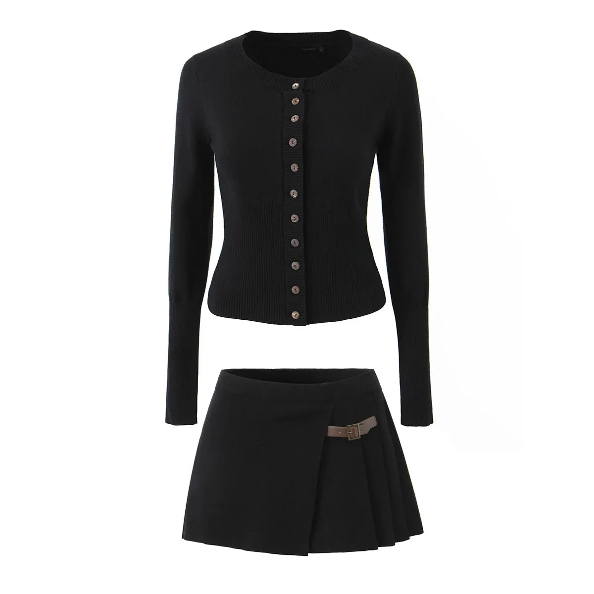 Knitted Crew Neck Cardigan And  Waist Pleated Slit Hem Mini Skirt Set