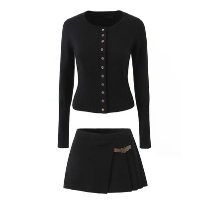 Knitted Crew Neck Cardigan And  Waist Pleated Slit Hem Mini Skirt Set