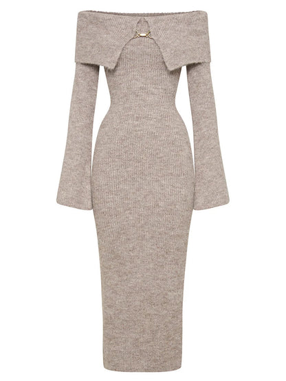 Elegant Knitted Lapel Off Shoulder Maxi Dress