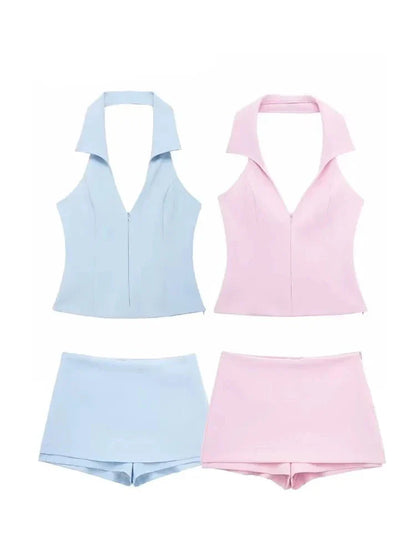 V-Neck Zipper Top & Skort Two Piece Set