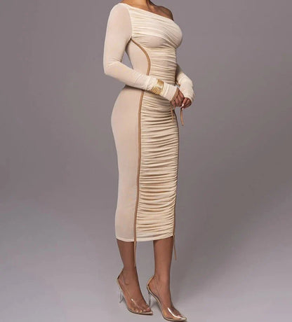 One Shoulder Mesh Long Sleeve Ruched Midi Dress