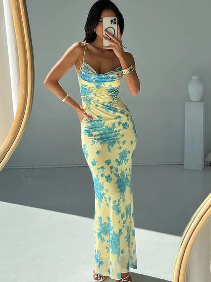 Floral Print Cowl Neck Maxi Dress