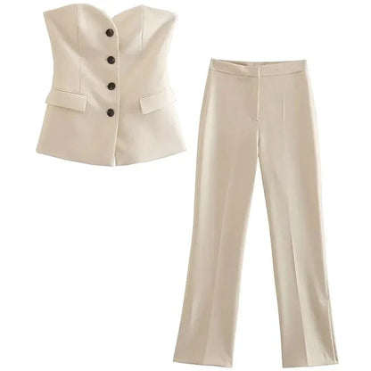 Button Down Suit Top & Side Slit Trouser Two Piece Set