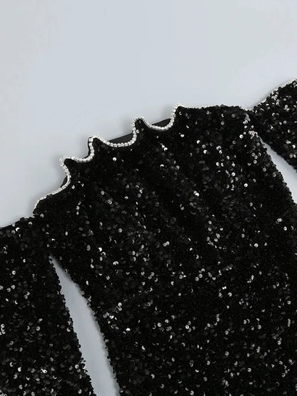 Luxe Black Long Sleeve Sequin Off Shoulder Mini Dress