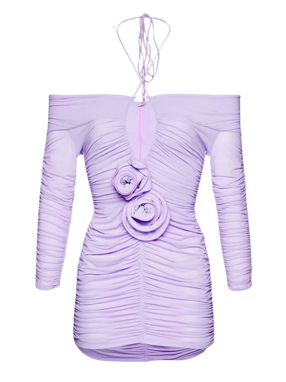 Luxe Ruched 3D Flower Halter Neck Mini Dress